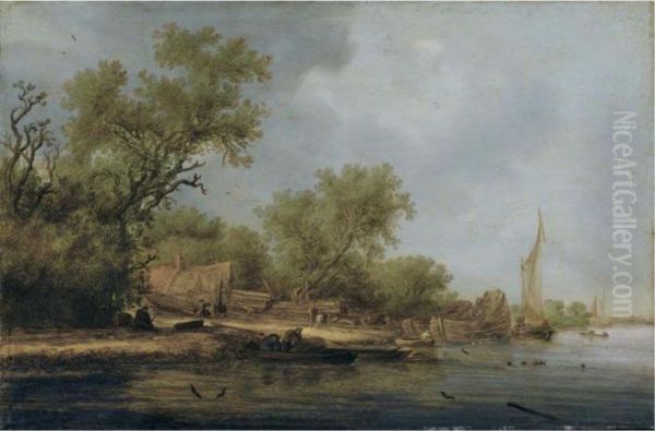 A River Landscape With Boatbuilders Oil Painting by Salomon van Ruysdael