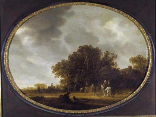 A Landscape With Horsemen And Travellers Before A Cottage, A Church Beyond Oil Painting by Salomon van Ruysdael