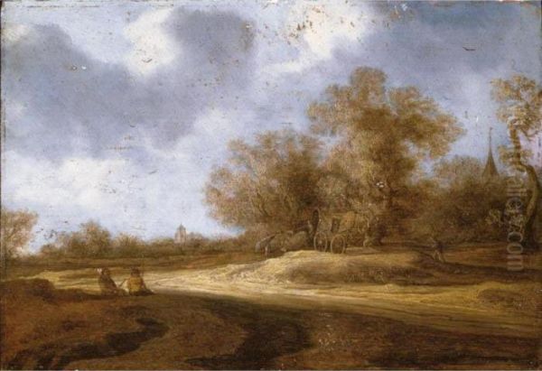 A Landscape With A Horse And Cart And Two Travellers Resting At The Edge Of A Road Oil Painting by Salomon van Ruysdael