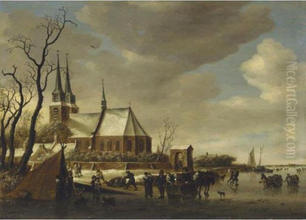 A Winter Landscape, With Skaters On A Frozen River By A Church Oil Painting by Salomon van Ruysdael