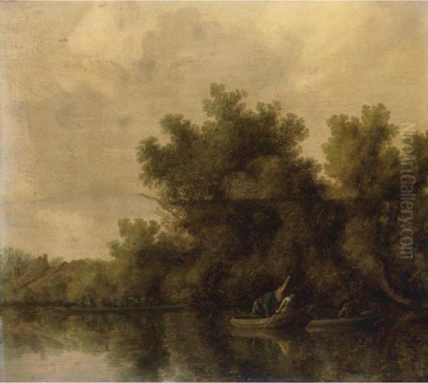 A River Landscape With Fishermen
 In Rowing Boats Lifting Traps Near A Bank, A Ferry With Cattle And A 
Farm Beyond Oil Painting by Salomon van Ruysdael