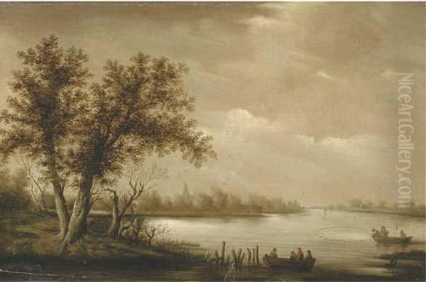 A Wooded River Landscape With Fishermen Bringing In Theircatch Oil Painting by Salomon van Ruysdael