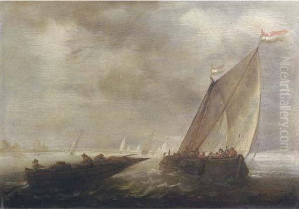 A Sailing Vessel And A Rowing 
Boat In A Stiff Breeze Together Withother Shipping, A Village Beyond Oil Painting by Salomon van Ruysdael