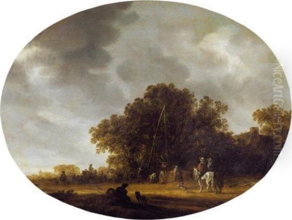 A Landscape With Horsemen And Travellers Before A Cottage, A Church Beyond Oil Painting by Salomon van Ruysdael