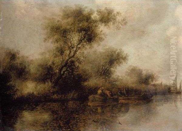 A River Landscape With Fishermen Bringing In Their Nets Oil Painting by Salomon van Ruysdael