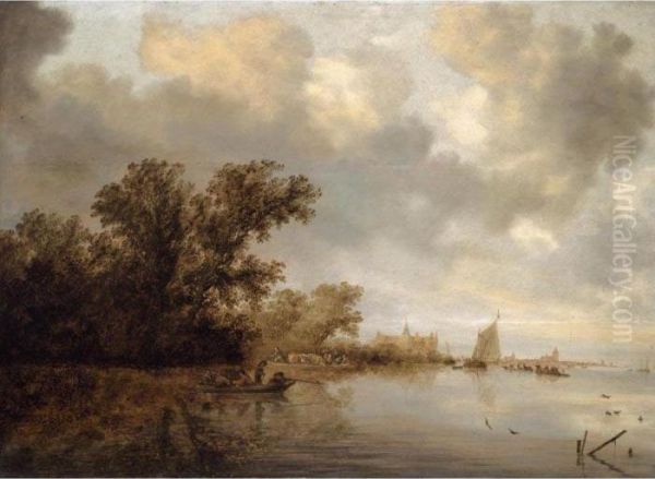 A River Landscape With A 
Ferryboat And Fishing-boat With A Man Shooting Ducks, A Town Beyond Oil Painting by Salomon van Ruysdael