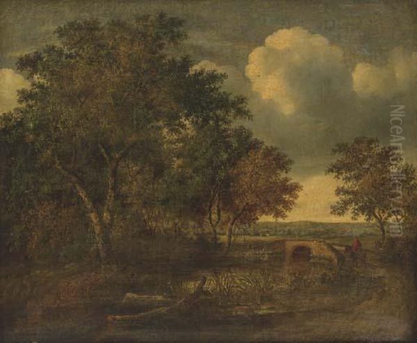 An Extensive Landscape With A Figure On Horseback Crossing Abridge Oil Painting by Salomon van Ruysdael