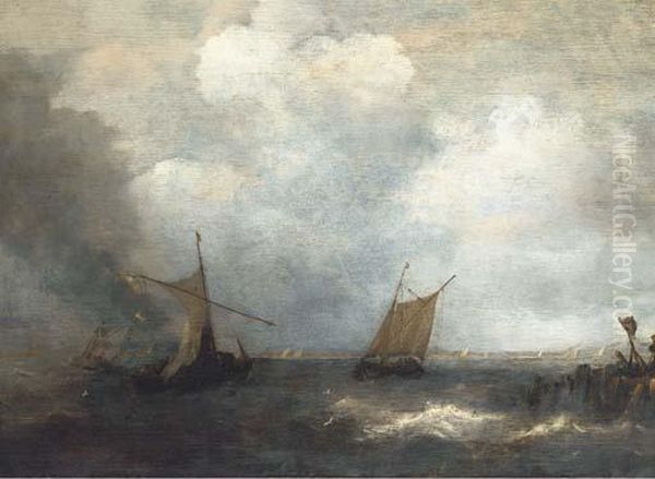 Two Smalschips On A Choppy Sea, By A Wherry Oil Painting by Salomon van Ruysdael