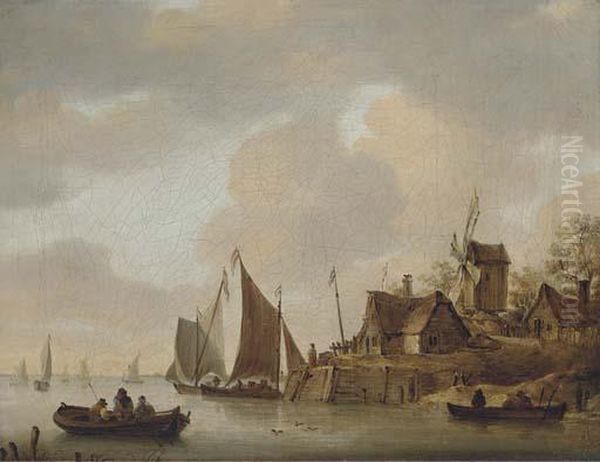 An Estuary Scene With Figures On The Bank And In Rowing Boatsbeside A Windmill Oil Painting by Salomon van Ruysdael