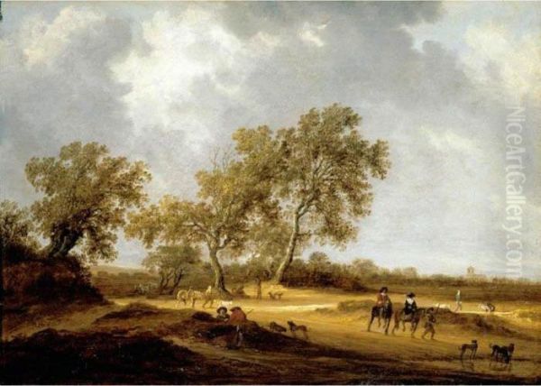 A Sandy Landscape With 
Travellers On Foot And Mounted, Others Resting, A Church In The Distance Oil Painting by Salomon van Ruysdael