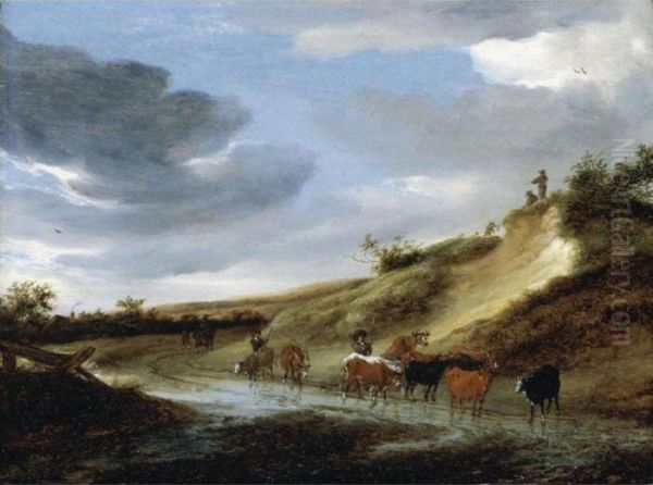 A Dune Landscape With Cattle And Drovers On A Muddy Road Oil Painting by Salomon van Ruysdael