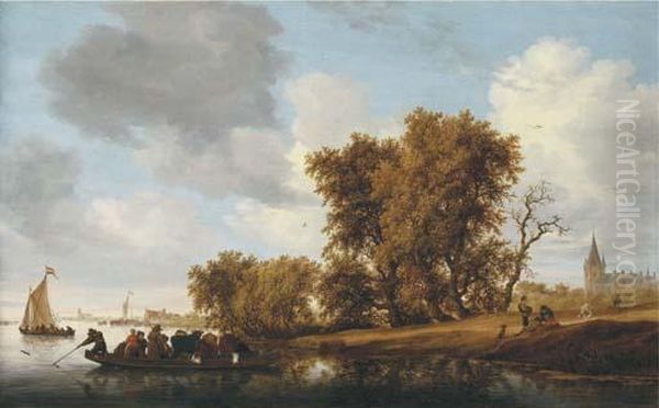 A Wooded River Landscape With Figures On A Bank Awaiting Theapproach Of A Ferry Oil Painting by Salomon van Ruysdael