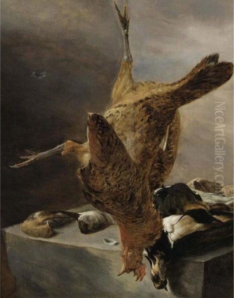 A Still Life With A Cockerel, Two Lapwings, A Duck And Other Birds, All On A Stone Ledge Oil Painting by Salomon van Ruysdael