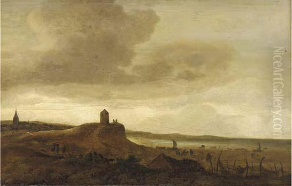 A Coastal Inlet With Travellers On A Track And Other Figures In The Foreground Oil Painting by Salomon van Ruysdael