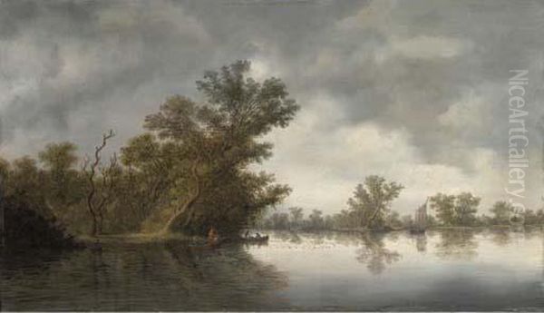 A Wooded River Landscape With Fisherman In Boats Oil Painting by Salomon van Ruysdael