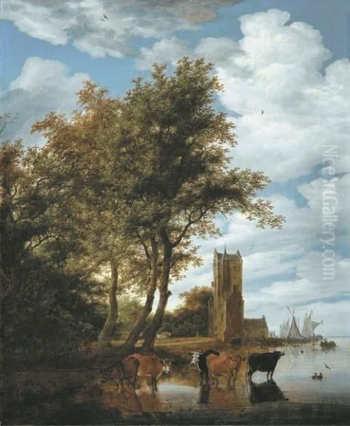 A River Landscape With The 
Pellecussenpoort Near Utrecht, Five Cattle Wading In The Foreground And 
Boats Moored At The Tower Beyond Oil Painting by Salomon van Ruysdael