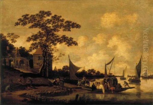 Bustling Ferry Landing Oil Painting by Salomon van Ruysdael