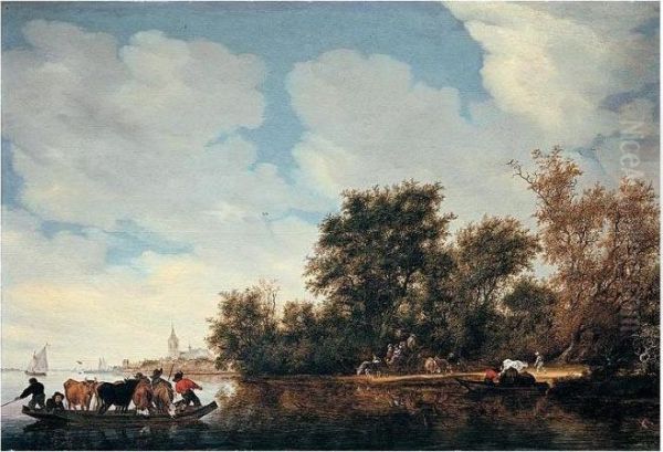 Signed And Dated On The Ferry Lower Left: Oil Painting by Salomon van Ruysdael