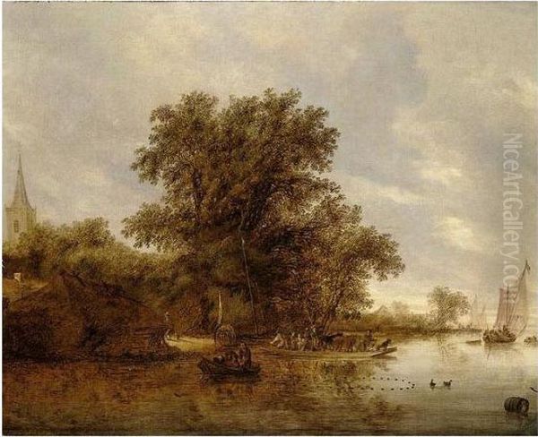 A River Landscape With Figures Crossing In A Ferry Before A Church Oil Painting by Salomon van Ruysdael