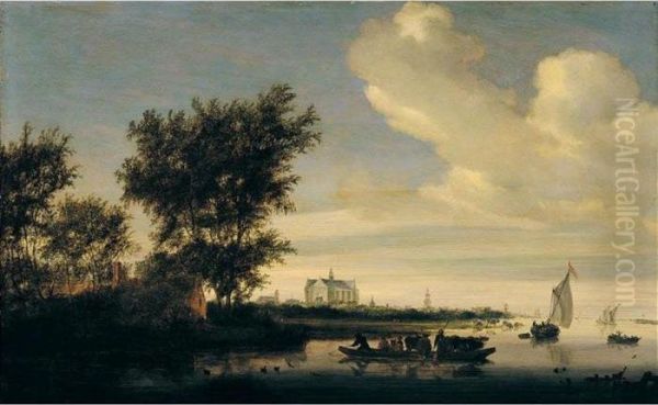 A Distant View Of Alkmaar With Peasants And Cattle On A Ferry In The Foreground Oil Painting by Salomon van Ruysdael