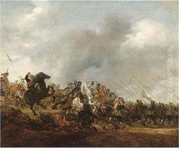 A Cavalry Battle Scene Oil Painting by Salomon van Ruysdael