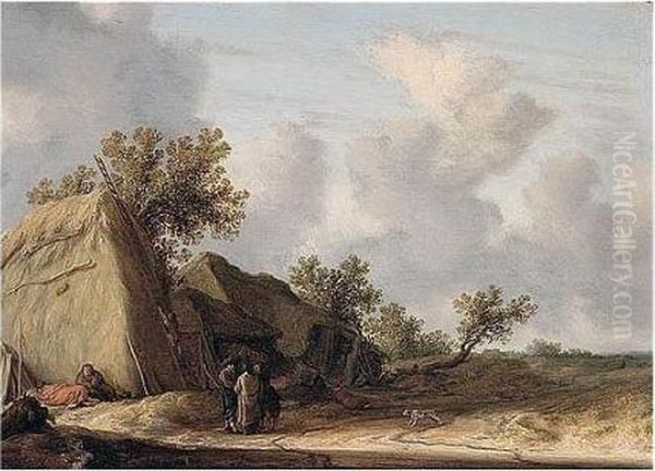 Landscape With Figures Conversing Before A Haystack And Farm Buildings Oil Painting by Salomon van Ruysdael