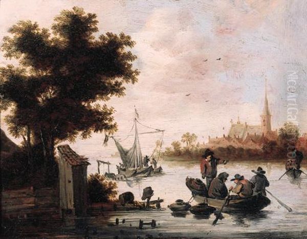 Fishermen Laying Lobster Pots 
From A Rowing Boat On A River,shipping And A Village Beyond, At Sunset Oil Painting by Salomon van Ruysdael