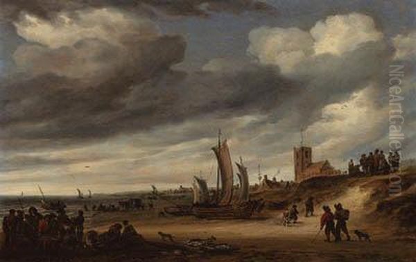 The Beach At Egmond-aan-zee, With Figures And Boats On Theshore Oil Painting by Salomon van Ruysdael