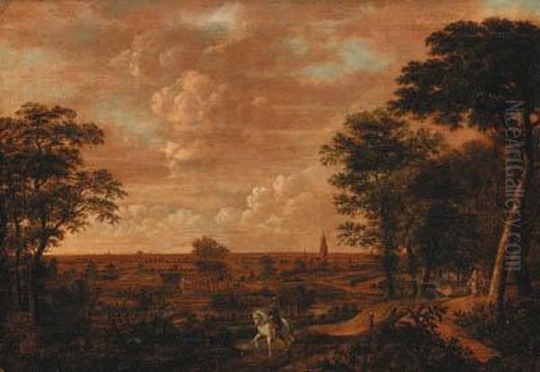 An Extensive Wooded Landscape With A Traveller, A View Of Haarlem(?) Beyond Oil Painting by Salomon van Ruysdael