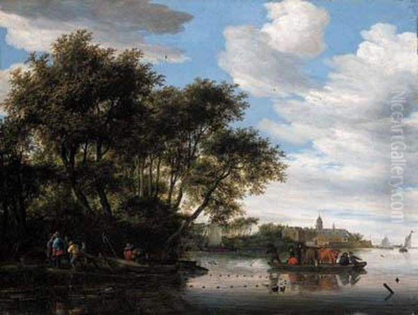 A View Of The River Vecht, With A
 Ferry And Fishermen Unloadingtheir Boat, Nijenrode Castle Beyond Oil Painting by Salomon van Ruysdael