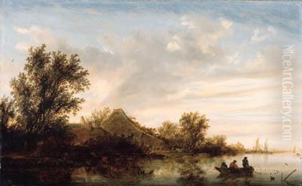 A River Landscape With Fishermen
 In Rowing Boats And Peasants By Alanding Stage By A Farmhouse, Shipping
 Beyond Oil Painting by Salomon van Ruysdael