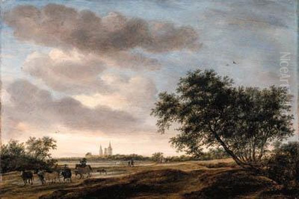 An Extensive Landscape With A Drover And Cattle On A Path, Egmondabbey Beyond Oil Painting by Salomon van Ruysdael