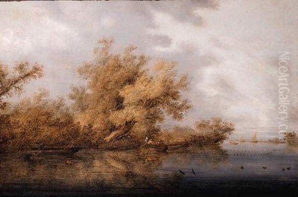 A Calm: A Wooded River Landscape
 With Fishermen And Sportsmen Inrowing Boats, Sailing Ships Beyond Oil Painting by Salomon van Ruysdael