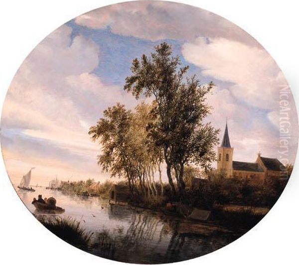 A Village By A River With 
Fishermen In Rowing Boats Moored Near Theshore, Ferries And Sailing 
Ships Setting Out Beyond, At Dawn, On Acloudy Day Oil Painting by Salomon van Ruysdael