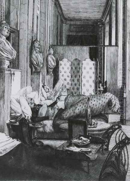 'Le Foyer de la Comedie Francaise pendant le Siege de Paris. (The Gallery of the Comedie Francaise during the Siege of Paris, 1870') (or Un Souvenir) Oil Painting by James Jacques Joseph Tissot