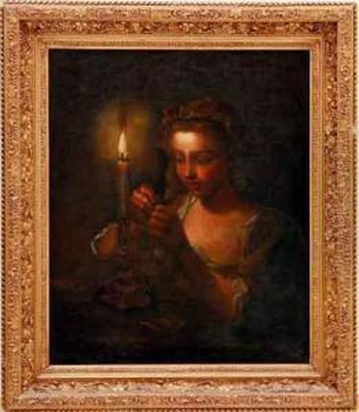 Young Woman By Candlelight Oil Painting by Godfried Schalcken