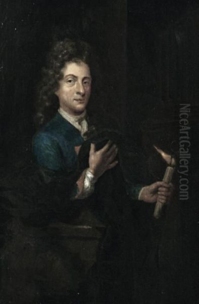 A Self-portrait Of The Artist Holding A Candlestick Oil Painting by Godfried Schalcken