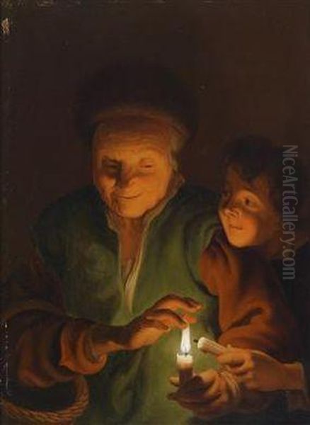 A Woman And A Boy With A Burningcandle Oil Painting by Godfried Schalcken