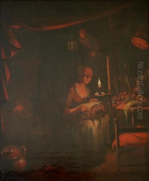 Lacemaker Working By Candlelight Oil Painting by Godfried Schalcken