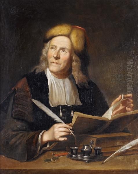 Portrait Of A Gentleman, Half-length, Seated At His Desk Writing Oil Painting by Godfried Schalcken