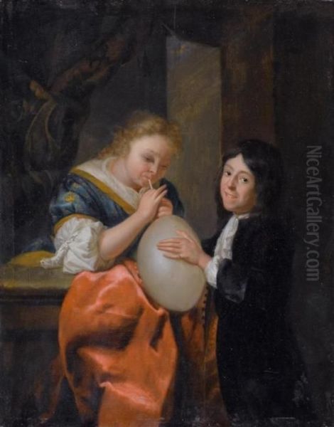 Two Children With A Balloon Oil Painting by Godfried Schalcken