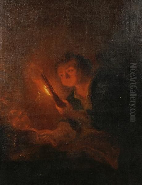 A Boy Blowing On A Firebrand To Light Acharcoal Oil Painting by Godfried Schalcken