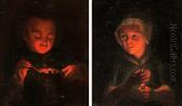 Flicka Med Ljus Samt Pojke Med Glodfat Oil Painting by Godfried Schalcken