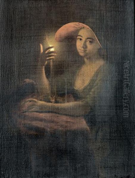 Junge Dame Mit Rotem Hut Im Kerzenschein. Oil Painting by Godfried Schalcken