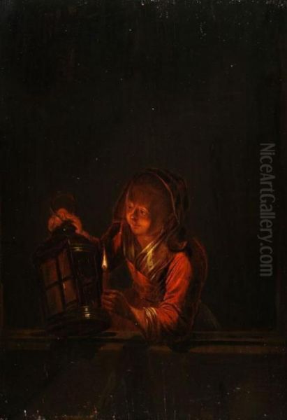 Madchen Mit Laterne Oil Painting by Godfried Schalcken