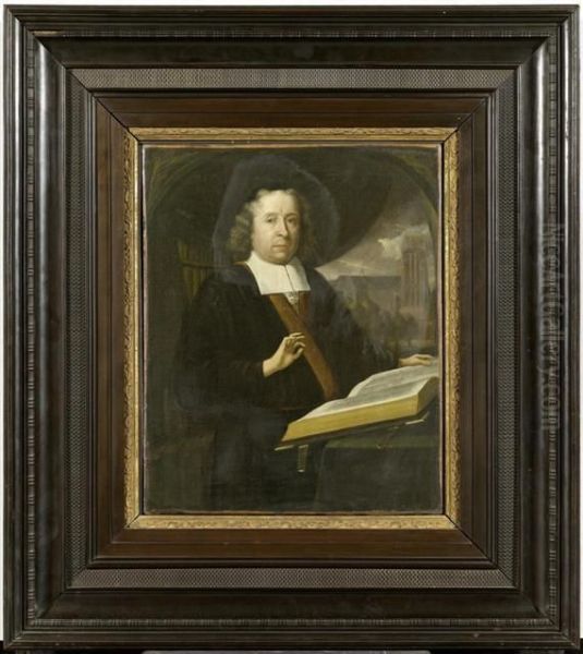 Portrait Of A Scholar With A Book In Front Of A Cathedral Oil Painting by Godfried Schalcken