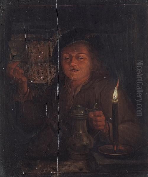 A Young Man With A Tankard By Candlelight Oil Painting by Godfried Schalcken