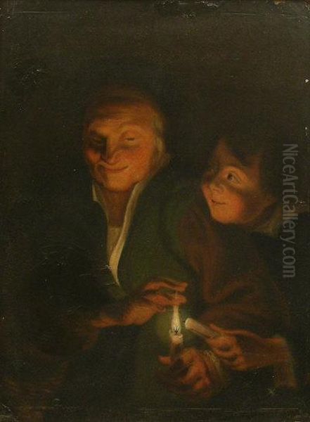 Gentleman And Child By Candle Light Oil Painting by Godfried Schalcken