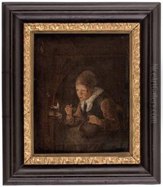 Frau Beim Essen Vor Ollampe Oil Painting by Godfried Schalcken