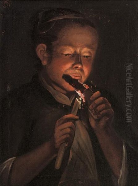 A Young Man Blowing His Torch To Light A Candle Oil Painting by Godfried Schalcken